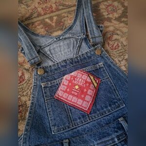 Vintage USA 90s Guess Denim Bib Overalls Retro Jean Large LOGO Patch Sz 3